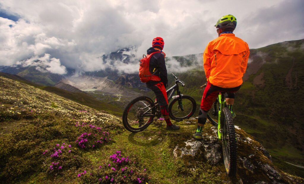 Riders overlook a rhododendron valley
