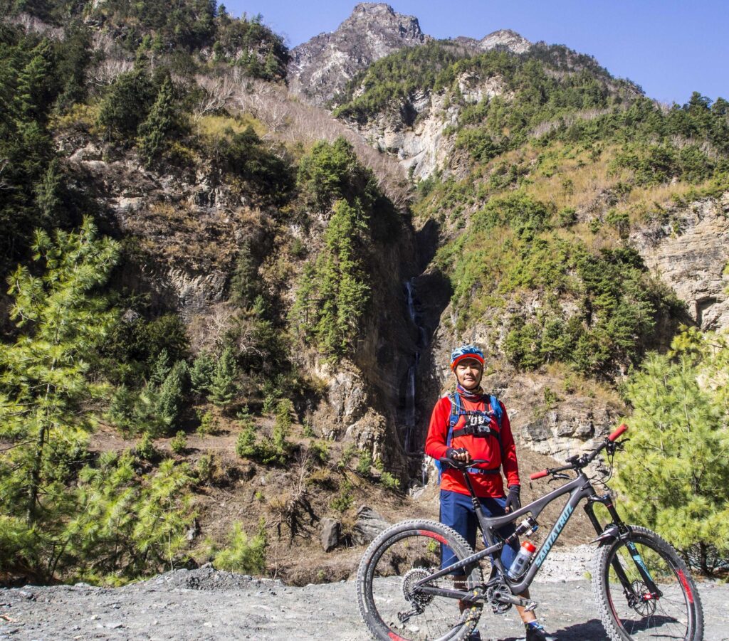 A trailside waterfall break